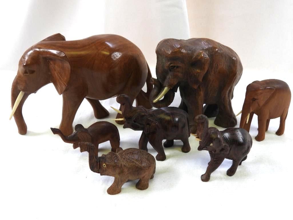 Lot of 7 assorted sizes hand carved solid Wood Elephants (1 of 9)