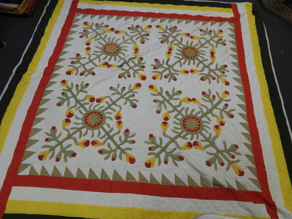 Beautiful handstitched 90"x90" white yellow red and green quilt (1 of 5)