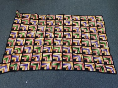 Vintage Multi-colored print afghan crocheted knitted block geometric blanket