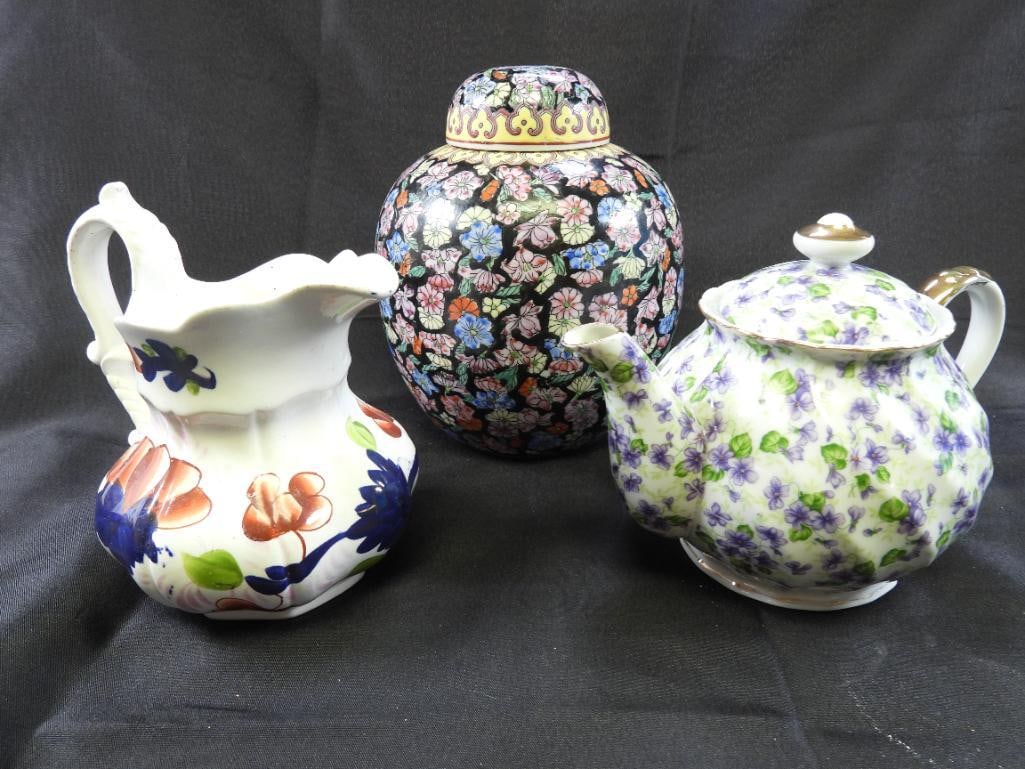 LOT OF 3: Chinese porcelain ginger jar, Lefton violet Chintz teapot, Antique Gaudy Welsh Pouch jug (1 of 10)