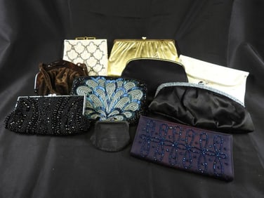 LOT OF 9 vintage ladies clutch purses satin, beaded, fabric