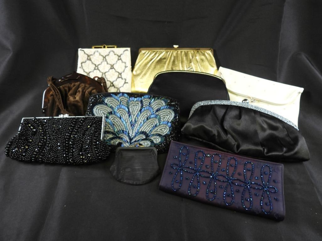 LOT OF 9 vintage ladies clutch purses satin, beaded, fabric (1 of 7)