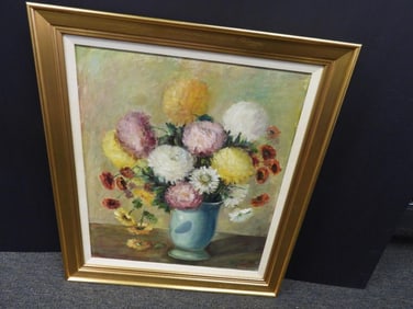 Vintage framed flower and vase oil painting signed A. Hassler 54