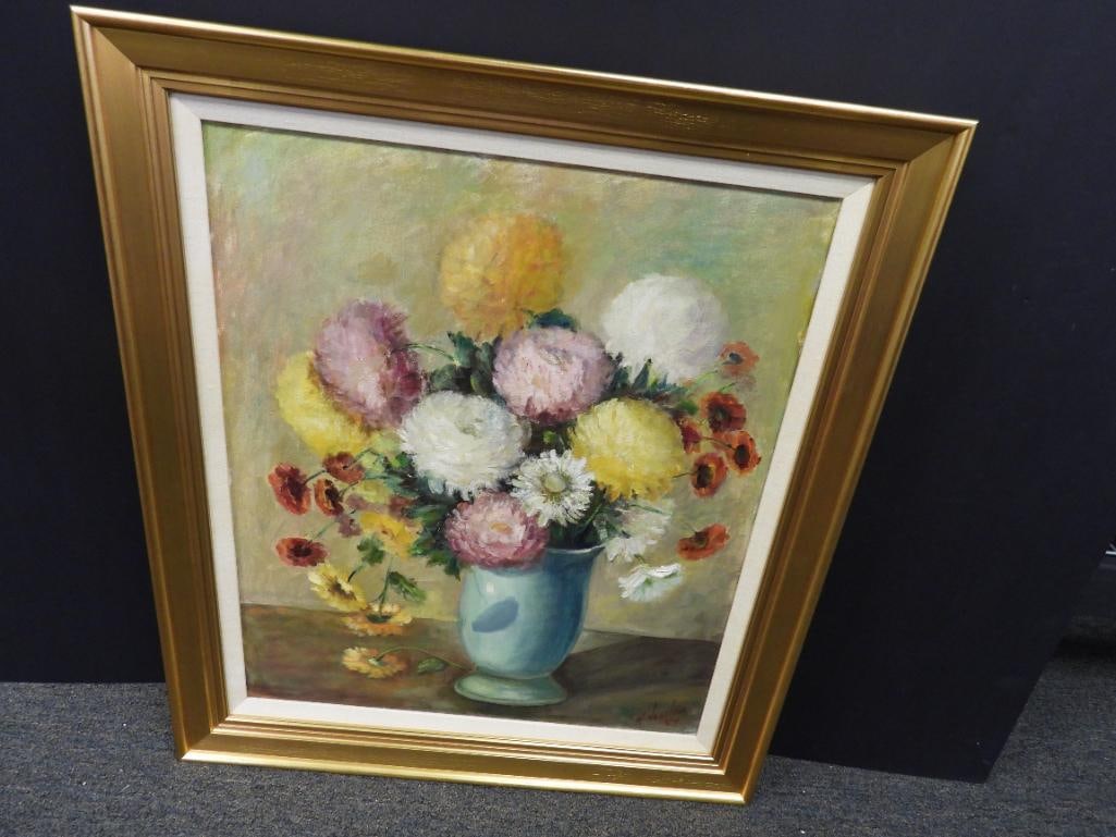 Vintage framed flower and vase oil painting signed A. Hassler 54 (1 of 5)