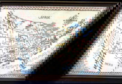 Framed handcrafted needlepoint map of United States U.S.A