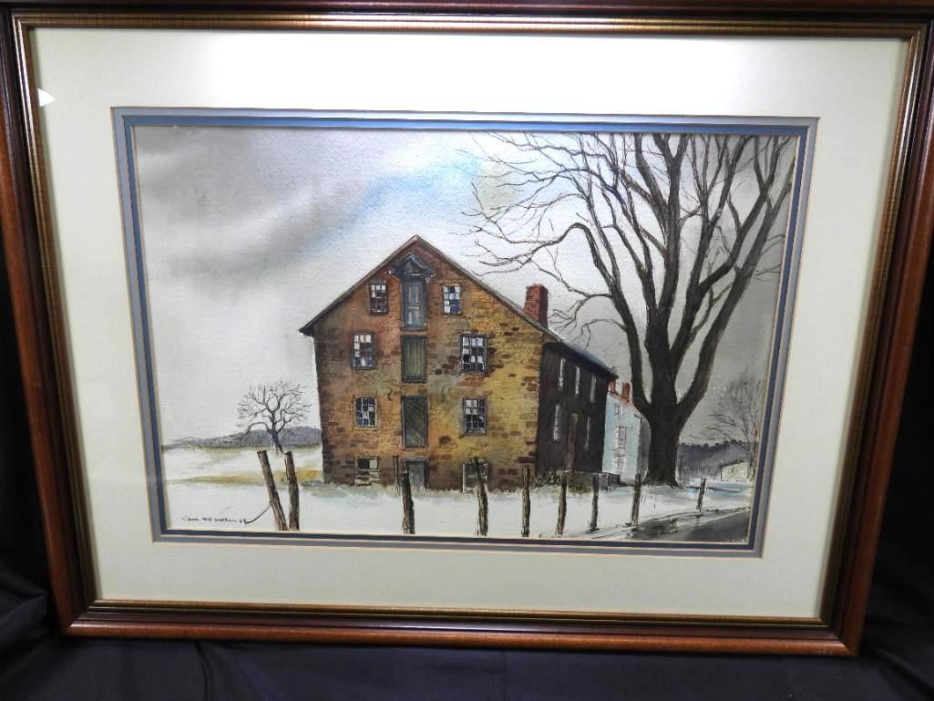 Framed Barn painting by James M.K. Waldron: Framed painting by James M.K. Waldron and includes bio on artist, approx. 23" x 29.5"
