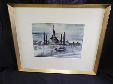 Framed watercolor painting depicting cityscape with a gondola