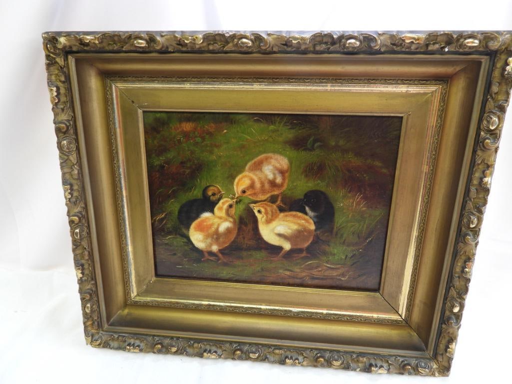 Antique Arthur Fitzwilliam Tait Baby Chicks  American Oil Painting 19th C. Guilt frame. (1 of 7)