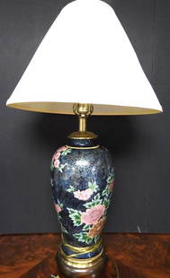 Chinoiserie lamp, Chinese porcelain table lamp with floral design: Chinoiserie lamp, Chinese porcelain table lamp with floral design, approx. 32" tall with shade clasp and base is 8" at widest part, shade shown for photos only (not included)