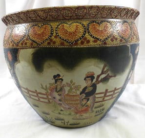 Vintage Chinese Gold Kio Fish Pot Flowers, Geisha Girl Heavy Planter