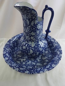 Antique Victoria Ware Ironstone Blue and White Floral Dish and Basin Pitcher