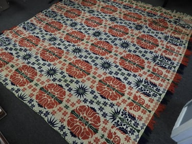 Antique Large red, green, navy and off-white woven coverlet signed Sarah Stock 1848