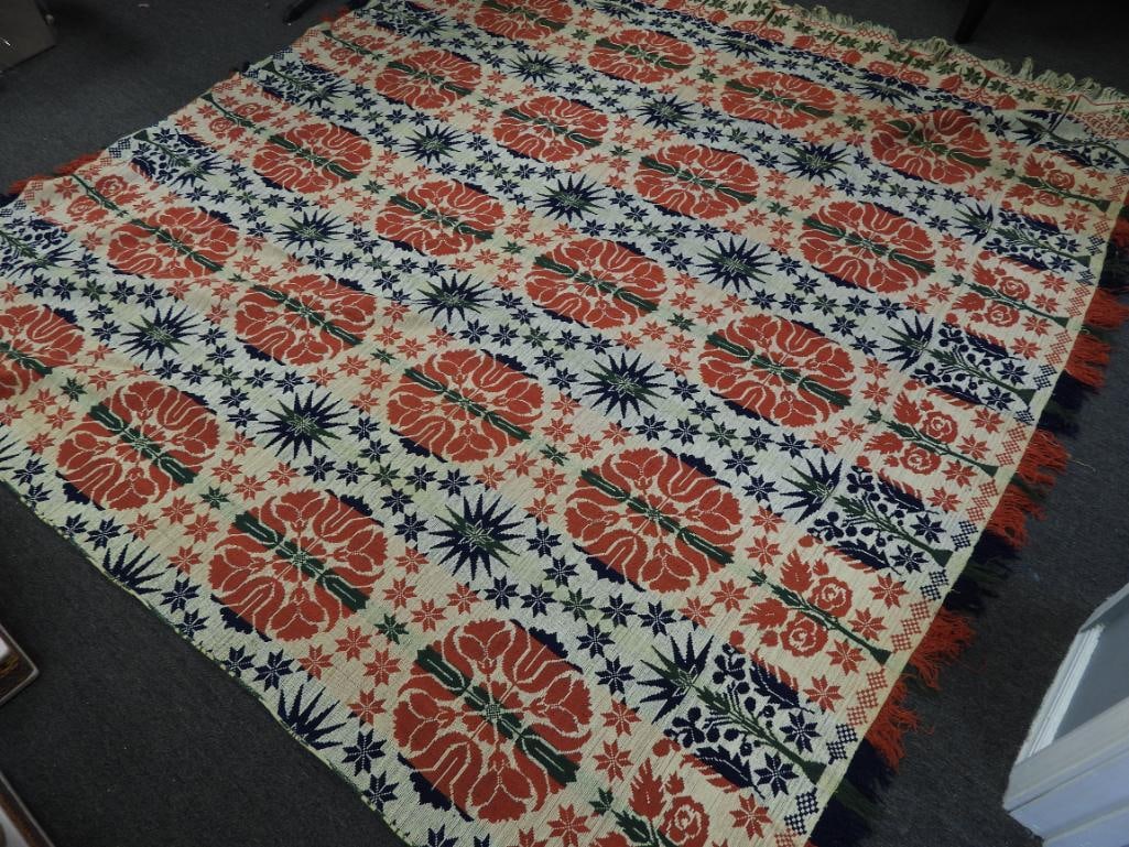 Antique Wool red, green, navy and off-white hand woven blanket signed Sarah Stock 1848 (1 of 11)
