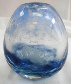 Caithness British Art Glass Denis Mann "Longship" Seascape Vase