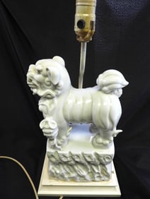 Vintage White Ceramic Foo Dog Figure Lamp on Pedestal
