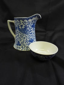 Vintage Japanese Phoenix Bird Porcelain Milk Jug and blue/white porcelain bowl