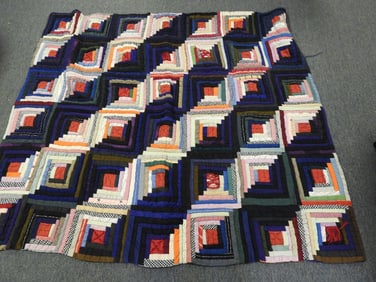 Multi-colored geometric wool hand quiltted Vintage Pennsylvania Crazy quilt