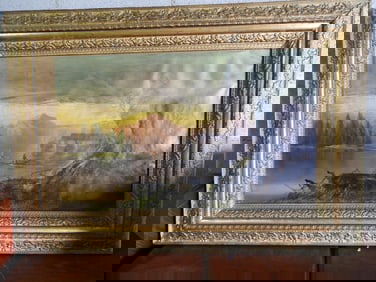 Huge Antique Old Farm Scene Framed Oil Painting antique wood carved frame.