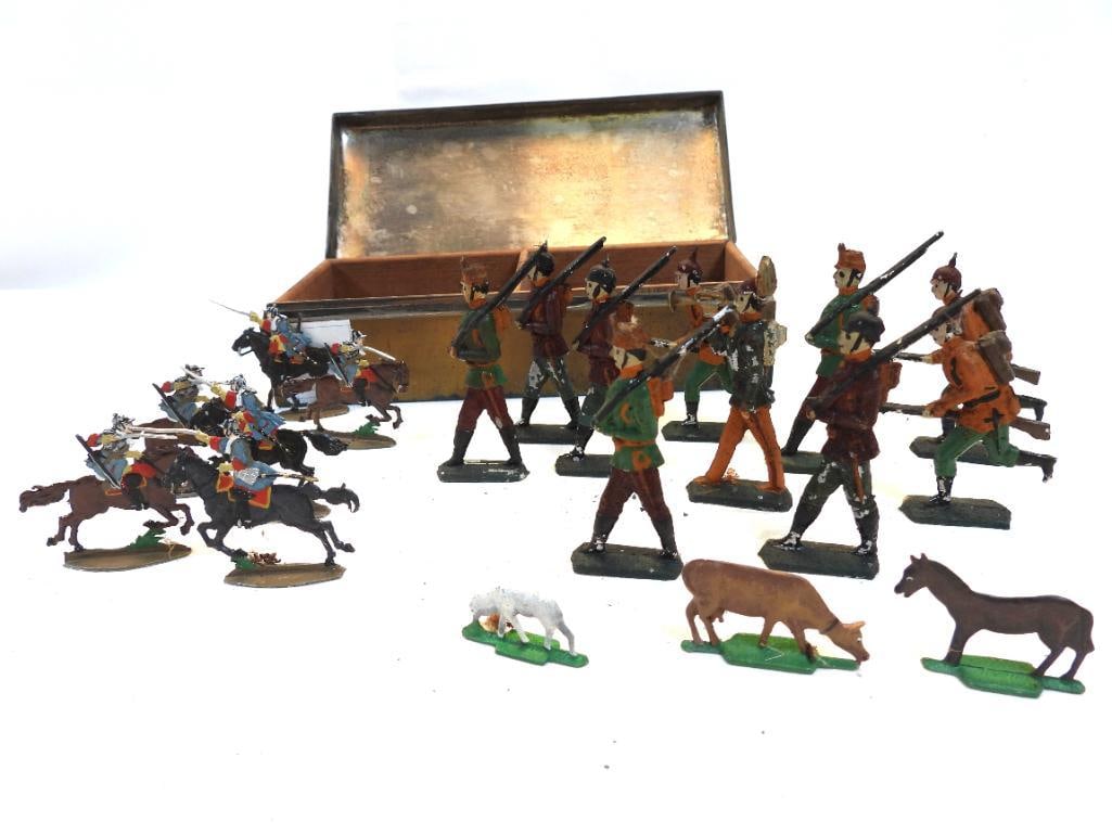 LOT OF antique soldier and animal figurines in EPCA Poole Silver Co 2001 divided box: 16 soldier figurines, horse, lamb and cow figures, all .75" inch to 3" tall in EPCA Poole Silver Co 2001 lidded divided box, approx. 7.5" long, 3.5" deep and 2" tall