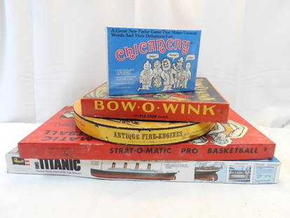 LOT OF 5 activities including Bow-O-Wink and Antique Fire Engines Puzzle: LOT OF 5 games: Chicanery (new in box), Bow-o-Wink, Antique Fire Engines puzzle, Strat-o-Matic Pro Basketball game and Titanic model kit, appear to have all pieces