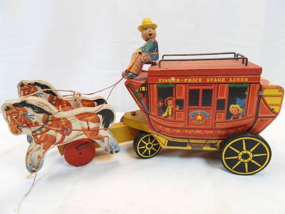 Vintage Fisher-Price Gold-Star Stagecoach pull toy: Vintage Fisher-Price Gold-Star Stagecoach pull toy, approx. 9" tall with driver on top and 15" long