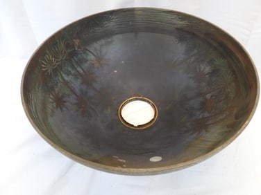 Antique reverse paint glass shade and cast metal base