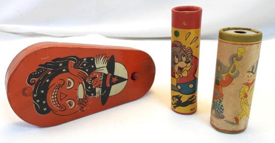 LOT OF 3 antique toys: 2 kaleidoscopes and metal spinning noisemaker toy