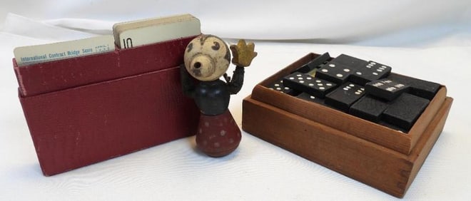 LOT OF 3 vintage games dominos, cards and mickey mouse figurine