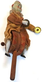 Antique 1900's German Clapper Composition Clown and Drum Roll on Stick