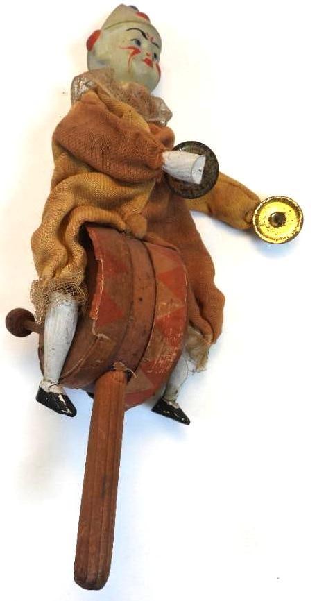 Antique 1900's German Clapper Composition Clown and Drum Roll on Stick (1 of 6)