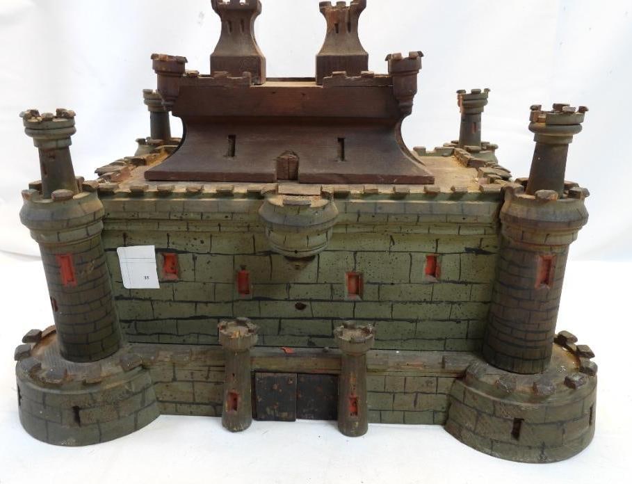 RARE Antique Wooden Toy Castle: SUPER COOL Wooden Two-Piece Castle, approx. 15" long, 11" tall and 11" wide, comes in two pieces. Original paint