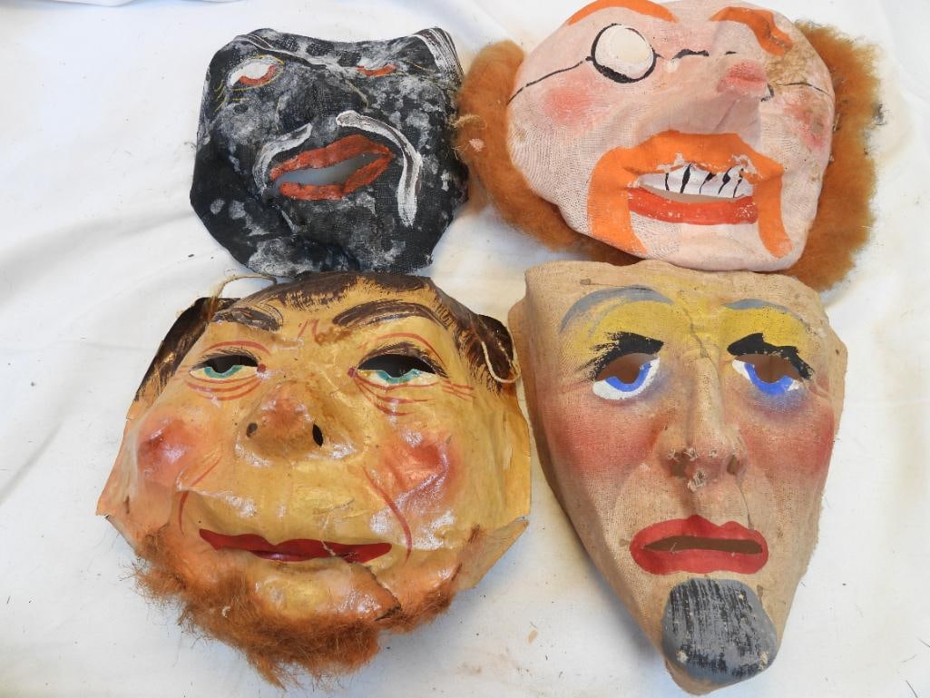 LOT OF 4 antique creepy face and clown circus halloween fabric masks: LOT OF 4 antique textile Masks - see photos for images and wears due to age