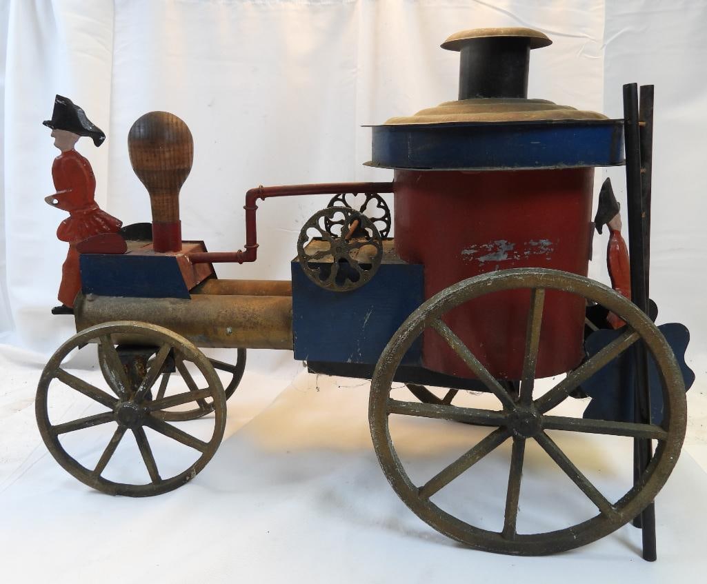 Antique REYNOLDS TOYS Cast Metal Brass Large Fire Engine pull toy with fireman (1 of 8)