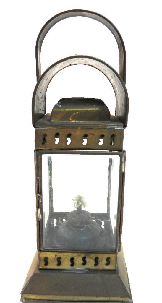 Antique Glass and Brass Railroad Kerosene Hanging Oil Lamp: Vintage Glass and Brass Railroad Kerosene Hanging Oil Lamp, approx. 11" tall and 4" wide