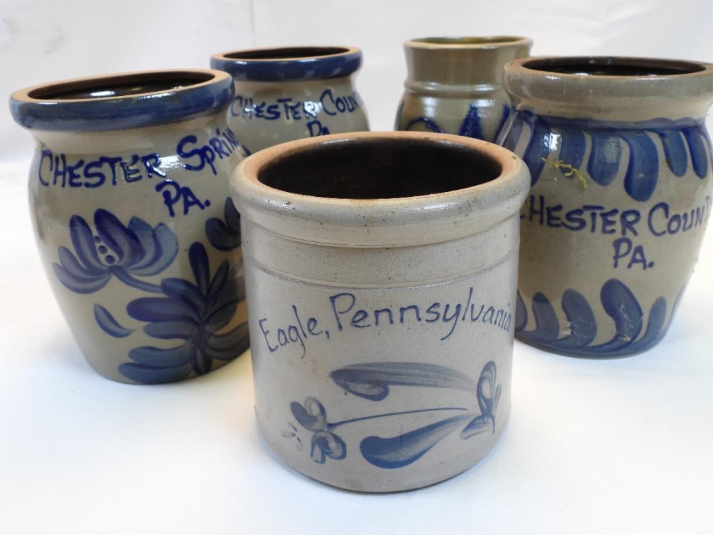 LOT OF 5 crocks - Chester County, Chester Springs, Deer, Eagle PA: LOT OF 5 crocks - Chester County, Chester Springs, Deer, Eagle PA, all approx. 4" wide