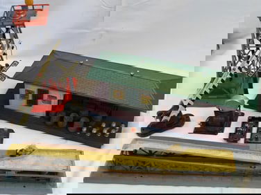 LOT OF Vintage train crane, tower, signs, barrels