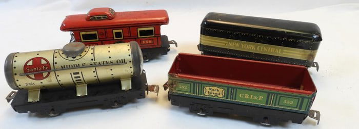LOT OF 4 Antique tin model train cars