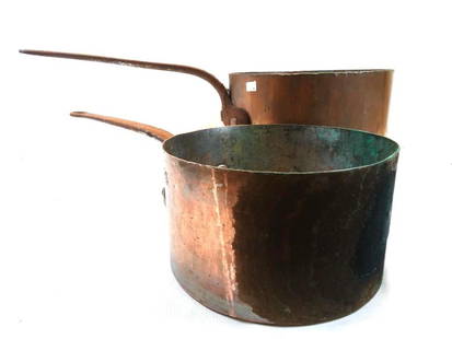 Vintage LOT OF 2 copper pots with handles: LOT OF 2 copper pots with handles, smaller pot is approx. 9" diameter, and larger pot is approx. 12" diameter, see wear in photos