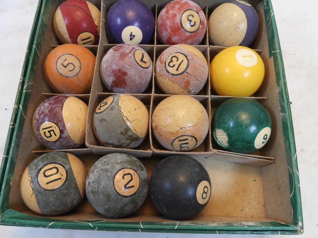 Vintage set of 15 billiard balls: Vintage set of 15 billiard balls, see photos for wear/cracks on several balls, etc.