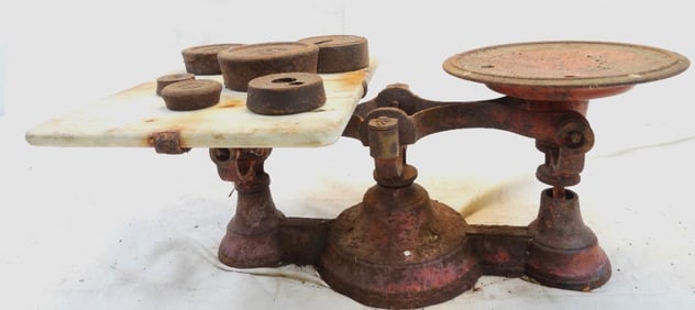 Antique Cast Iron and Marble weighing/balance scale with cast iron weights