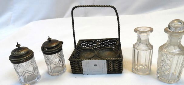 Set of Vintage Clear Cut Glass Oil and Vinegar Cruets Salt & pepper Shakers in Caddy