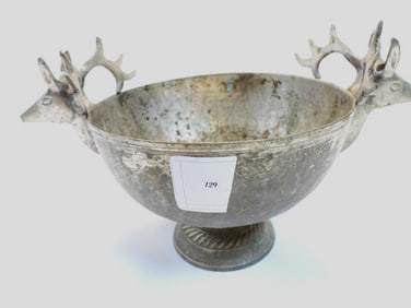 Vintage Silverplate Hammered Pedestal Bowl with Stag/Deer Head Handles