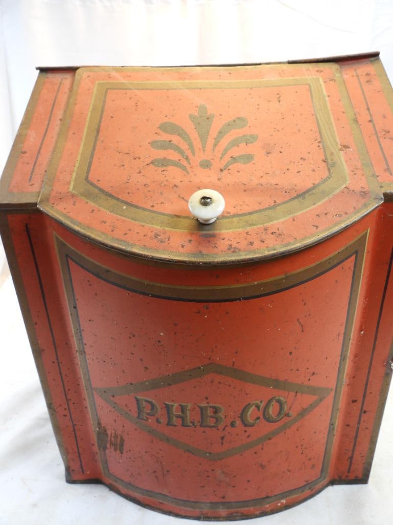 Antique Metal P.H.B. Co. container bin original red paint: Antique Metal P.H.B. Co container, approx. 15" tall, 12" long and 12" deep, see photos for wear on bottom