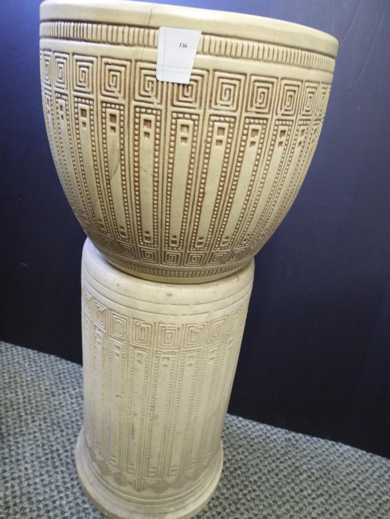 Vintage Deco Off-white design planter and pedestal set: Off-white design planter and pedestal set. Planter is approx. 9.5" tall and 10.5" wide in diameter at opening. Pedestal is approx. 16.5" tall and 9" wide at widest part
