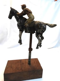 Folk Art Sculpture of a horse and jockey on wood base