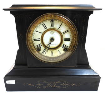 Antique Black Marble Ansonia mantle clock: Antique Ansonia mantle clock, USA, approx. 10.25" tall, 11.75" long and 6" wide