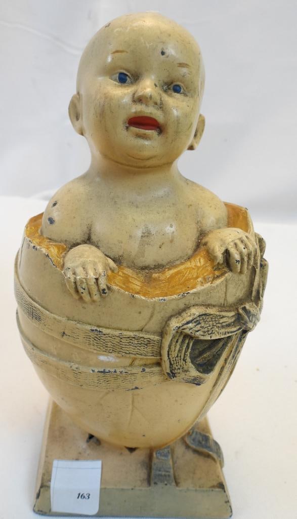 Antique 1924 Baby IN Egg Bank aka Doll's Head Bank: 1924 Baby IN Egg Bank aka Doll's Head Bank, approx. 7.75" tall and base is 3"x3", see wear due to age