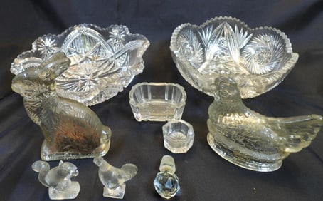 LOT OF 9 Vintage glass figures and bowls including Peter Rabbit, hen