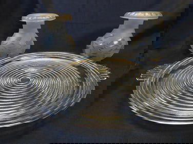 Vintage 14" Anchor Hocking Manhattan Glass Service Tray with Handles and two lamp shades