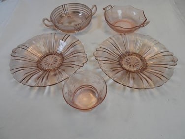 Antique LOT OF 6 pink depression glass and one holder